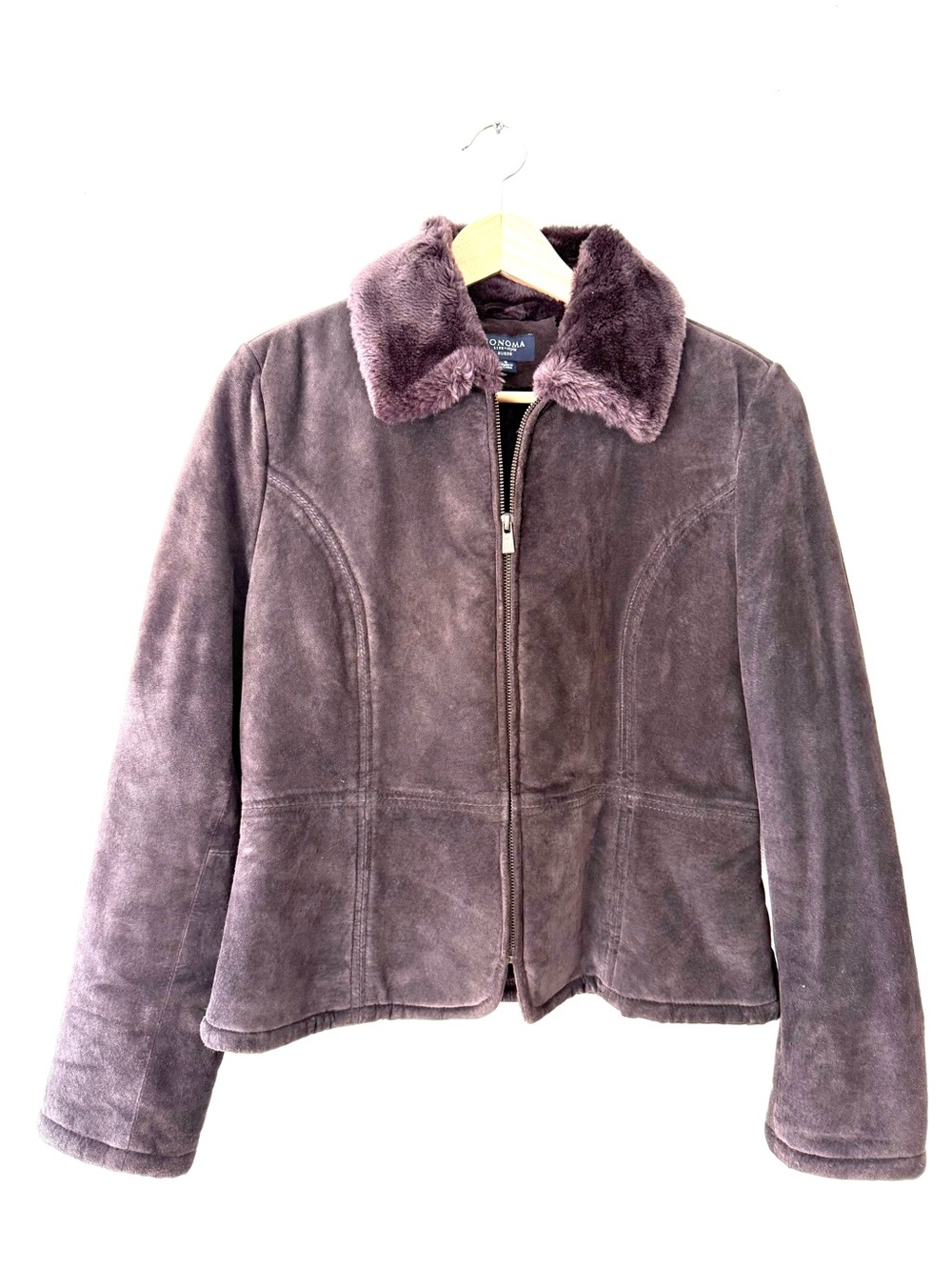 Sonoma Vintage Y2K Genuine Suede Fur Trim Boho Moto Shearling Jacket Coat Brown